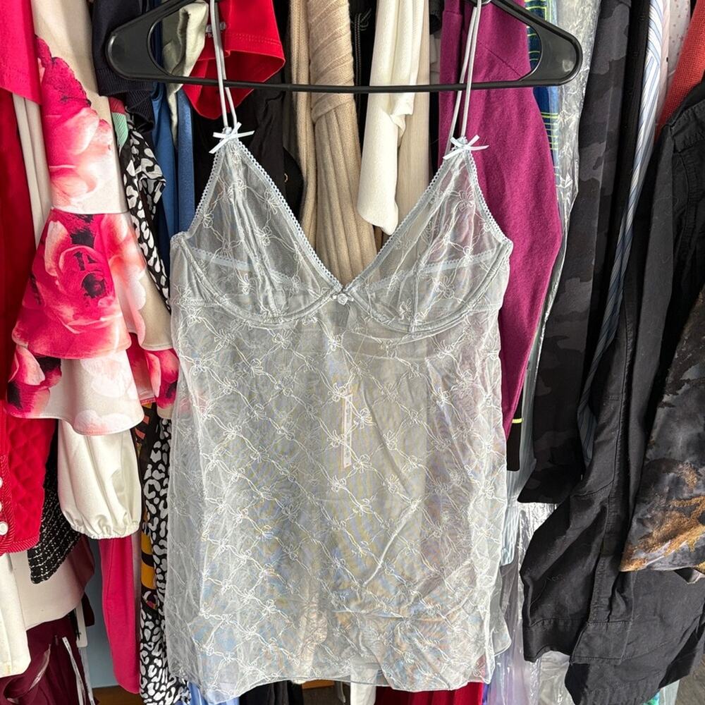 NWT SKIMS Underwire Bow Tulle Slip Dress Mercury Sheer Lace Lingerie Size S